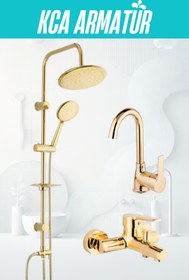 Resim KCA ARMATÜR Kca Altın Gold Yuvarlak Robot Duş Seti, Banyo Ve Lavabo Bataryası Musluğu Çeşmesi 3'lü Set 