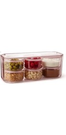 Resim Karokstore 7 Parça Kristal Plastik Kahvaltılık Kuruyemişlik Saklama Kabı Set, 28 x 10 x 11 cm Saklama Kutusu, 6 Adet Vakum Kapaklı Kap, Pembe 
