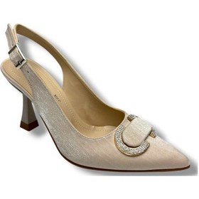 Resim Desire 452-26 Çizgili Saten Taşlı Tokalı İnce Topuk Kadın Stiletto 8,5cm Bej 