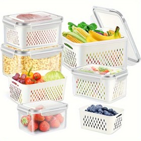 Resim 6 Adet BPA İçermeyen Plastik Gıda Saklama Kabı, Buzdolabı İçin Kapaklı, Çok Fonksiyonlu Hava Geçirmez Tazelik Koruyucu Kutular, Meyveler, Sebzeler ve Mutfak, Restoran, Süpermarket Kiler Organizasyonu İçin Drenaj Kutusu Seti 