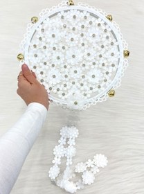 Resim ZEYMERADE Beyaz Çiçekli Parlak Taşlı Gelin Tefi, Düğün Kına Söz Sünnet Bekarlığa Veda Bride Zilli 25cm, 1 Adet 