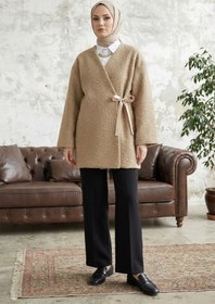 Resim MODAQU Yandan Bağlamalı Buklet Kumaş Kimono -Vizon 
