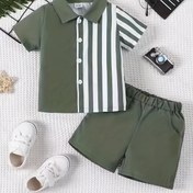 Resim Erkek Çocuk Modası Seti, Çizgili Polyester Gömlek ve Şort, Rahat Elastik Kumaş, İlkbahar/Yaz Koleksiyonu, Dar Kesim, Düğme Detaylı, Dokuma Yapı, Polyester Üst ve Alt, Açık Hava İçin 