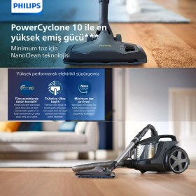 Resim Philips Marathon Ultimate Toz Torbasız Elektrikli Süpürge, Powercyclone 10, Triactive Ultra Başlık, Nanoclean, Allergy H13 Filtre, XB9125/07 