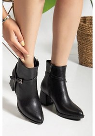 Resim Feles Toka Detaylı Klasik Topuklu Kadın Bot Siyah 