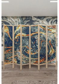 Resim Doğal Ahşap Soyut Tek Taraf Baskılı 6 Kanat Paravan 000078 