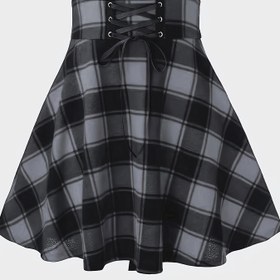 Resim Plaid Print Dantel Bağcıklı Kıvrımlı Etek, Şık Yüksek Bel Çok Yönlü Mini Etek, Kadın Giyim 