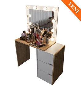 Resim Modena Hollywood Işıklı Aynalı Çekmeceli Makyaj Masası Safir Meşe-beyaz Safir Meşe - Beyaz 