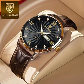 Resim POEDAGAR Erkek Casual Moda Kuvars Kol Saati, Yuvarlak Alüminyum Kasa, Su Geçirmez 3ATM, Suni Deri Kayış, Takvim Özelliği, Floresan Eller, Pille Çalışan Elektronik Hareket 
