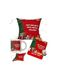 Resim Yılbaşı Hediye Seti Mutlu Yıllar Temalı Baskılı Kupa Yastık İsimli Mause Ped Bardak Altlığı Hediye Seti 