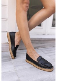 Resim Palmer Kadin Altın Gercek Deri Espadril Ayakkabi Siyah 