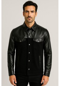 Resim Erkek Gömlek Suni Deri Ve Triko Karışımlı Overshirt Siyah 7348 Siyah 