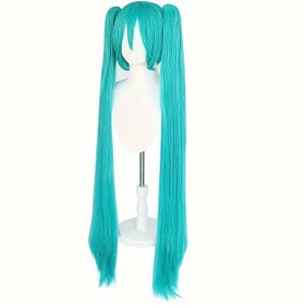 Resim 80cm İlham Veren Mavi-Yeşil Ekstra Uzun Peruk Çift At Kuyruğu ile - Isıya Dayanıklı Sentetik Saç, Anime Cosplay için Ayarlanabilir Ağ Kap, Tatil Partileri & Halloween için İdeal 