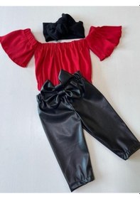 Resim Özge Başaran Kız Çocuk Likralı Deri Fiyonk Detaylı Pantolon Kırmızı Straplez Crop Bluz Ve Saç Kırmızı 