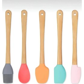 Resim Nemere 5'li Renkli Ahşap Saplı Silikon Uçlu Spatula Fırçalı Kaşık Seti -Yemek Hazırlık Seti 2 