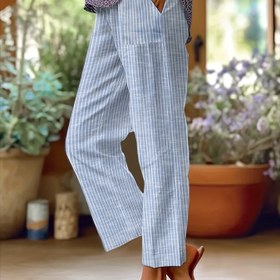 Resim Kadınların Şık Retro Çizgili Geniş Bacak Pantolonları - Yan Cepli Rahat Kesim Günlük Pantolonlar, Makinede Yıkanabilir Bahar/Sonbahar Pantolonları 