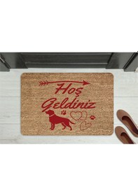 Resim Hoş Geldiniz Yazılı Köpek Figürlü Kapı Önü Paspası Dekoratif Kaymaz Taban Turuncu 