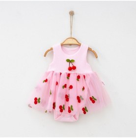 Resim Kiraz Nakışlı Kız Bebek Tütülü Zıbın Elbise Pembe 