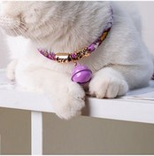 Resim Soulader Japon Tarzı Elastik Kedi Tasma Kaybolmaya Karşı Zilli Sevimli Kedi Tasması Evcil Hayvan Aksesuarları Mor Desenli Daralan Bant 29-36 Cm 