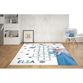 Resim Elsa Seksek Baskı Kalın Taban Çocuk Oda Halısı Açık Mavi - Beyaz - Mavi 