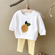 Resim Kız Çocukları İçin İki Parça Sevimli Limon Meyve Desenli Havlu Sweatshirt Rahat Bol Dış Mekan Bebek Spor Pantolonu + Lastikli Çizgili Uzun Pantolon Bahar Sonbahar Ayakkabı, Şapka, Gözlük ve Diğer Aksesuarlar Olmadan, Dış Mekan İçin 