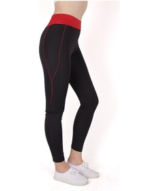 Resim Kadın Yüksek Bel Kırmızı Kemer Detaylı Spor Tayt Siyah-kırmızı 