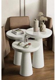 Resim Wood Ahşap Beyaz 3 Lü Set Mantar Yan Sehpa Fiskos Çiçeklik Decorative Beyaz 