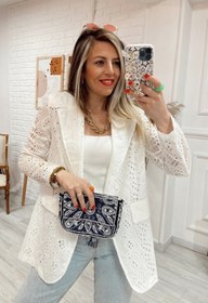Resim Genel Markalar Kadın Güpürlü Ekru Blazer Yazlık Ceket 