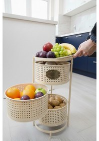 Resim 3 Katlı Tepsili Metal Sebzelik Açılır Metal Patates Soğan Meyvelik Sepeti Rafı Krem Krem 