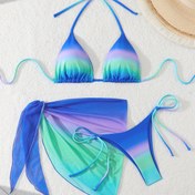 Resim Sevimli Kadınlar için Üç Parçalı Mayo Takımı: Üçgen Bikini Üstü, Yan Bağlamalı Tanga Alt ve Örtücü Etek 