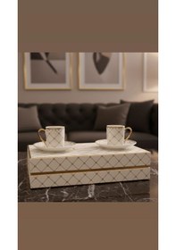 Resim 2'li Lüks Porselen Kahve Fincanı Seti - Gold Detaylı Modern Çeyizlik Hediyelik Fincan Takımı Altın - Krem 
