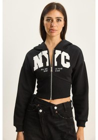 Resim Shade Kadın Nyc Nakışlı Üç İplik Şardonlu Kapüşonlu Crop Hırka 6942 60283794 - Siyah 
