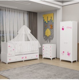 Resim Melina Yıldız 2 Kapaklı Bebek Odası + Yatak + Uyku Seti - Prenses Beyaz 