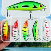 Resim 5'li Gerçekçi Minnow Balıkçılık Yem Seti Saklama Kutusu ile - Renkli PVC Yemler Levrek & Çeşitli Balık Türleri için, Taklit, Alabalık için Uygun 