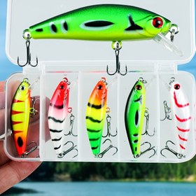 Resim 5'li Gerçekçi Minnow Balıkçılık Yem Seti Saklama Kutusu ile - Renkli PVC Yemler Levrek & Çeşitli Balık Türleri için, Taklit, Alabalık için Uygun 