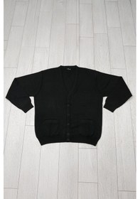 Resim Woolen World Ön Cepli V Yaka Battal Büyük Boy Düğmeli Yünlü Triko Hırka Siyah 