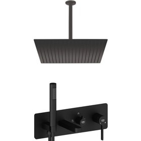 Resim GPD Siyah Ankastre Duş & Banyo Bataryası Seti – Tavandan 400x400 Kare Tepe Duşlu Kombin Paket (MKA165-S, ADS23-S) 