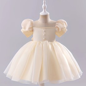 Resim 1 adet Boho Prenses Elbisesi Kızlar için, Polyester Tutu ile Boncuk Detayı, Diz Uzunluğu, Yuvarlak Yaka, Kısa Puf Kollu ve Bel Sıkıştırma, Tüm Mevsimler için 