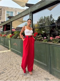 Resim WeShaya Kırmızı Keten Karışımlı Kemerli Pantolon Kırmızı 
