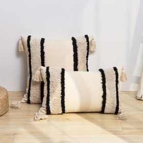 Resim 1 Lüks Bej ve Siyah Çizgili Püsküllü Yastık Kılıfı - Modern Tarz, %100 Polyester, Fermuarlı, Sadece Elde Yıkama, Oturma Odası & Yatak Odası Koltuk Yastıkları için 