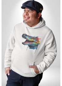 Resim Timsah Renkli Kafası Kadın Erkek Beyaz Kapüşonlu Sweatshirt Hoodie Beyaz 