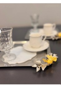 Resim 6 Lı Paslanmaz Kare Yaprak Ve Kelebek Desenli Sunum Tepsisi Gri - Gümüş 