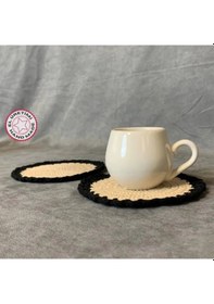 Resim Uretti - Hacer 8870 - El Yapımı 2'li Pamuk İplik Örgü Bardak Altlığı - Bej - 12 Cm Bej - Siyah 