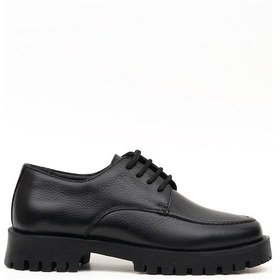 Resim Hakiki Deri Bağcıklı Kadın Loafer Ayakkabı Kalın Taban Siyah 