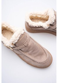 Resim Kadın Süet Loafer Ayakkabı Kürklü Tokalı Vizon Selva Vizon 