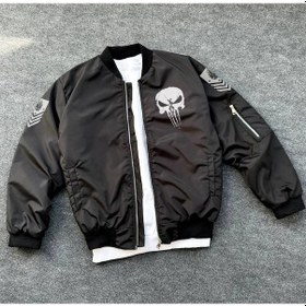 Resim Siyah Askeri Tarz Bomber Mont - Unisex, Punisher Skull Detaylı, Fermuarlı, Cepli, Uzun Kollu, Bahar Ve Kış Günlük Moda İçin Uygun - Siyah Çok Renkli 