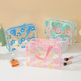 Resim 1 adet Çiçek Desenli Şeffaf PVC Tuvalet Çantası, Büyük Kapasiteli, Su Geçirmez Seyahat Kozmetik Çantası, Unisex-yetişkin, Konumlandırma Baskılı, Kokusuz 