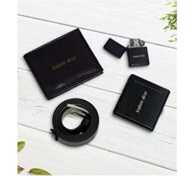 Resim BK Gift Kişiye Özel Siyah Cüzdan Kemer Çakmak Sigara Tabakası Hediye Seti Premium Tasarım 