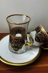 Resim 18 Parça Gold Porselen Tabaklı Cam Çay Takımı Lüks Çeyizlik & Misafirlik Premium Sunum Seti Şeffaf 