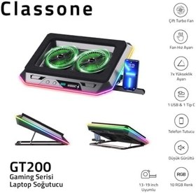 Resim Classone Gaming GT200 Laptop Soğutucu Notebook Stand, 3000 RPM,10 RGB ışık kontrolü, 15.6-17 inch, Hız kontrolü, 2 Büyük fan,Telefon standı, 1 TYPE-C Usb,1 USB 